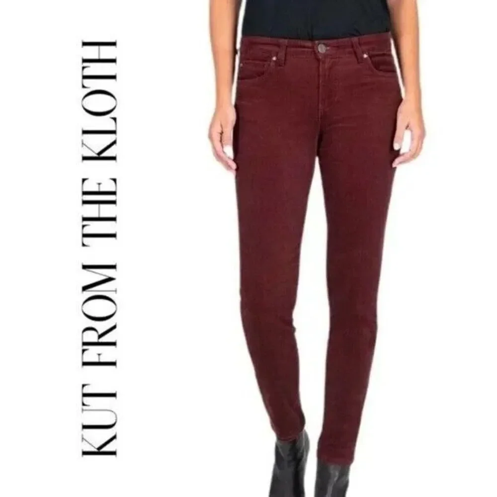 Kut From The Kloth Diana Skinny Corduroy Pants Women's 14W Currant Dark Red NWT